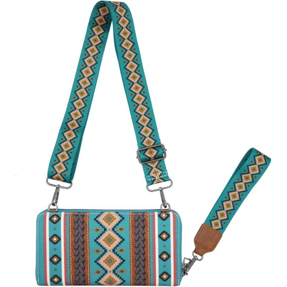 Water Blue Canvas Boho Western Wallet Wristlet with Detachable Straps, Credit Ca - Picture 1 of 6